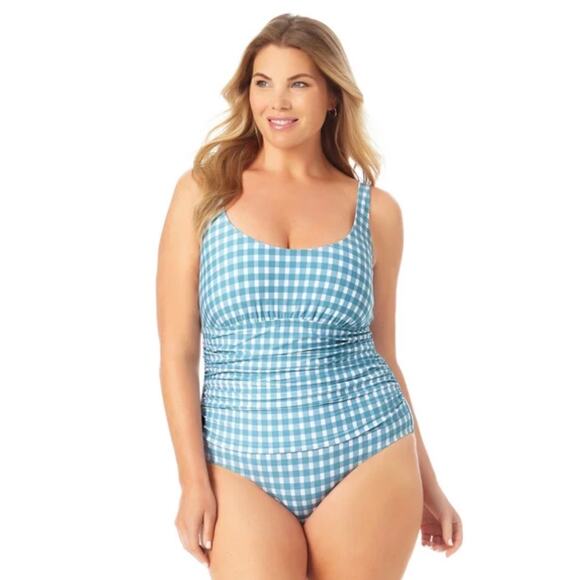 Anne Cole Gingham Blue White Shirred One Piece Swim 18W NWT - Picture 1 of 4